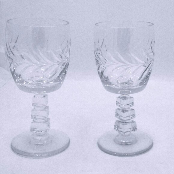 Vintage Cut Crystal Wine Glasses With Geometric Stems - Set Of 2 - Picture 1 of 4